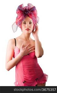 beautiful woman in pink lingerie with a colored headscarf looking like a brasilian girl