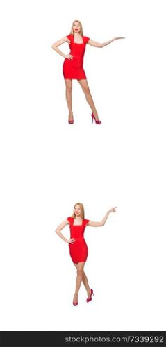 Beautiful woman in red dress isolated on white 