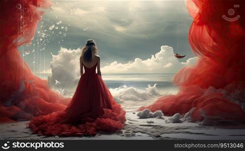 Beautiful woman in red dress with flying bird in the sky.