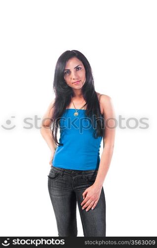 beautiful woman in sexy jeans against white background