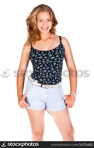 Beautiful woman in shorts posing like a professional model isoalted oin white background