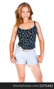 Beautiful woman in shorts posing like a professional model isoalted oin white background
