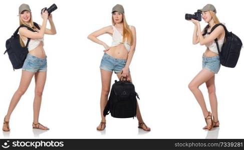 Beautiful woman in shorts with backpack and camera 
