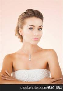 beautiful woman in white dress with diamond necklace