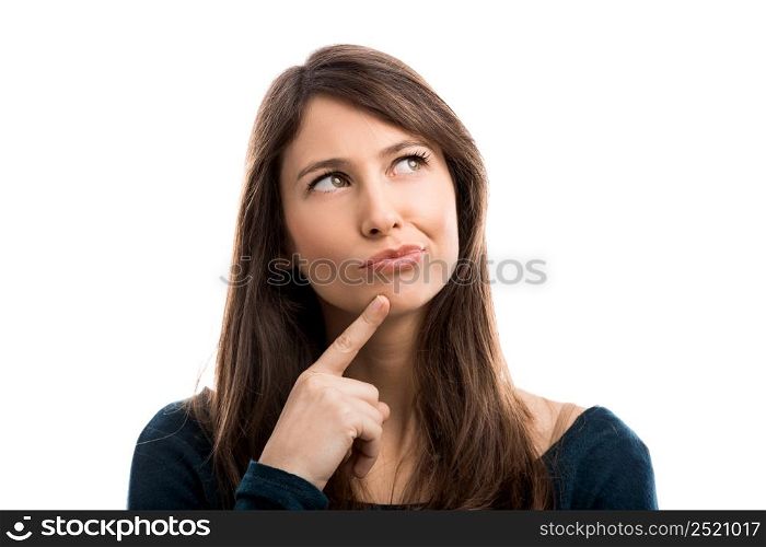 Beautiful woman isolated over a white background thinking on something. Woman thinking