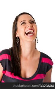 Beautiful woman laughing hysterically, isolated.