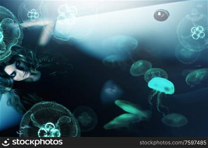 beautiful woman laying in bath with jellyfishes