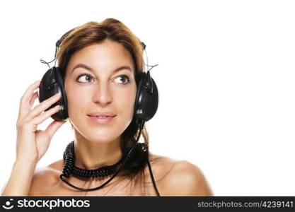 beautiful woman listening to music. beautiful brunette woman listening to music on white background