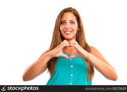 Beautiful woman making a heart shape with her hands, isolated over white background