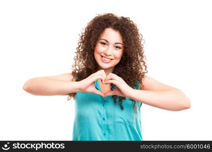 Beautiful woman making a heart shape with her hands, isolated over white background