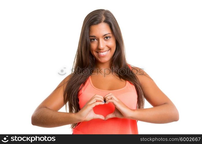 Beautiful woman making a heart shape with her hands, isolated over white background