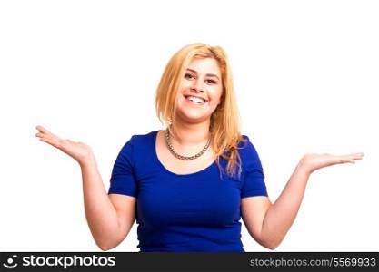 Beautiful woman making a scale with her arms wide open, isolated in a white background