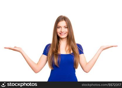 Beautiful woman making a scale with her arms wide open, isolated in a white background