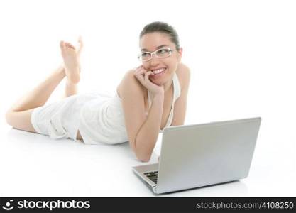 Beautiful woman on floor with laptop computer over white