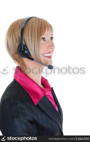 Beautiful woman-operator with headphone smiles. Isolated on white background