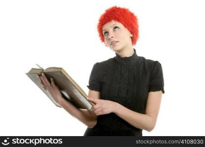 Beautiful woman, orange wig reading old book, isolated on white