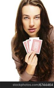 beautiful woman playing poker. beautiful woman playing poker on white background