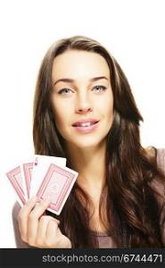 beautiful woman playing poker. beautiful woman playing poker on white background