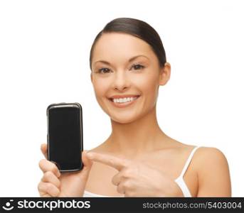 beautiful woman pointing at smartphone with sport app