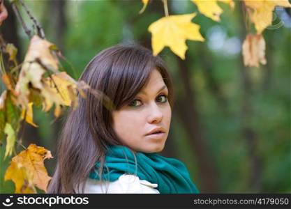 Beautiful woman portrait in autumn forest with yellow leaf