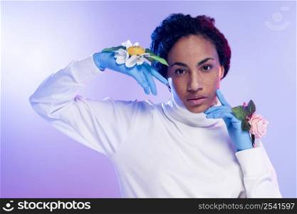 beautiful woman posing with floral gloves