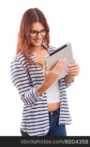 Beautiful woman relaxing with a tablet computer