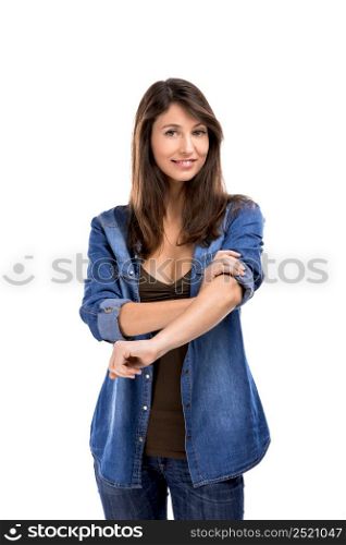 Beautiful woman rolling up her sleeves, isolated over white background. Ready for work