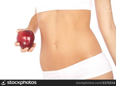 Beautiful woman&rsquo;s body in white underwear holding an apple isolated over white background