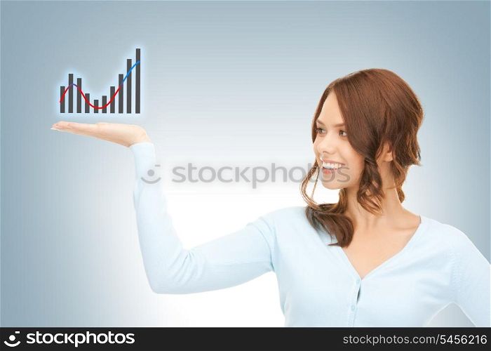 beautiful woman showing growing graph on the palm of her hand