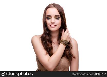 Beautiful woman showing off her jewellery in fashion concept isolated on white. Beautiful woman showing off her jewellery in fashion concept iso