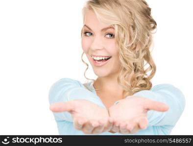 beautiful woman showing palms of her hands