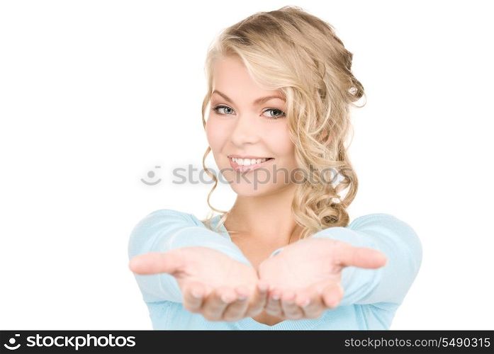 beautiful woman showing palms of her hands