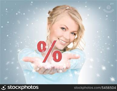 beautiful woman showing percent sign on the palms of her hands