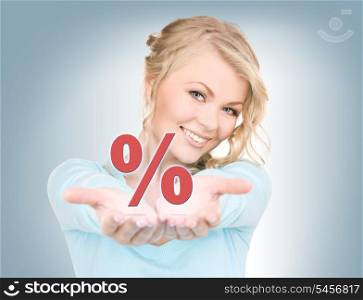 beautiful woman showing percent sign on the palms of her hands