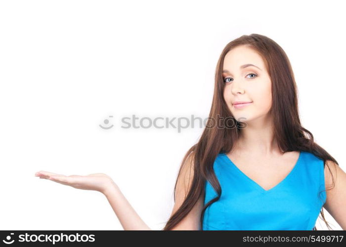 beautiful woman showing something on the palm of her hand