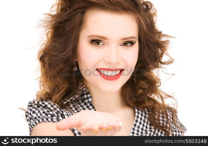 beautiful woman showing something on the palm of her hand