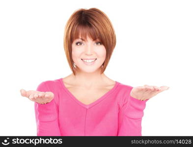 beautiful woman showing something on the palms of her hands