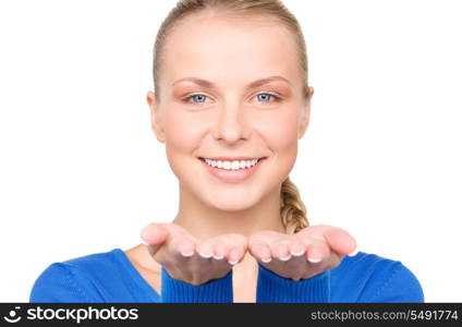 beautiful woman showing something on the palms of her hands