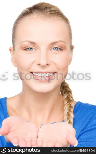 beautiful woman showing something on the palms of her hands