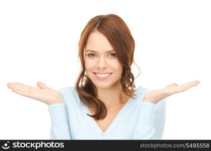 beautiful woman showing something on the palms of her hands