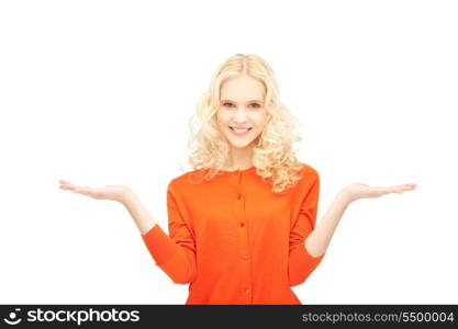 beautiful woman showing something on the palms of her hands