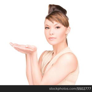 beautiful woman showing something on the palms of her hands