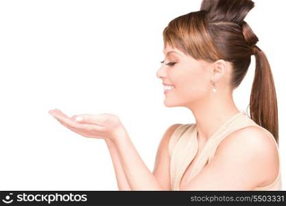 beautiful woman showing something on the palms of her hands