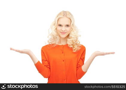 beautiful woman showing something on the palms of her hands