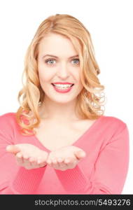 beautiful woman showing something on the palms of her hands&#xA;