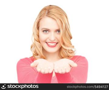beautiful woman showing something on the palms of her hands&#xA;
