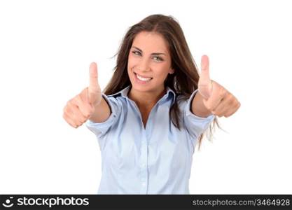 Beautiful woman showing thumbs up