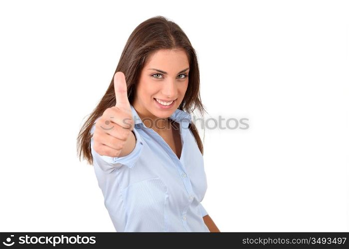 Beautiful woman showing thumbs up