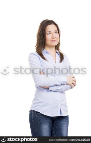 Beautiful woman smiling and thinking with hands folded, isolated over white background