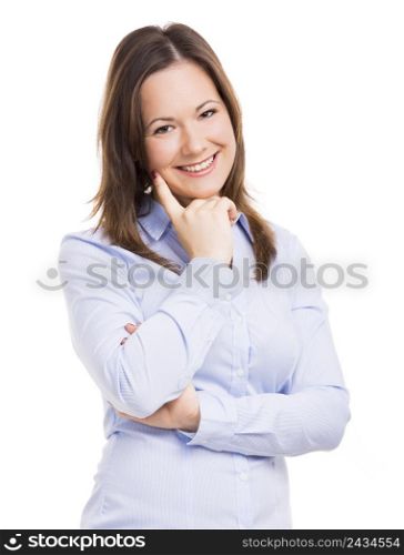 Beautiful woman smiling and thinking with hands folded, isolated over white background